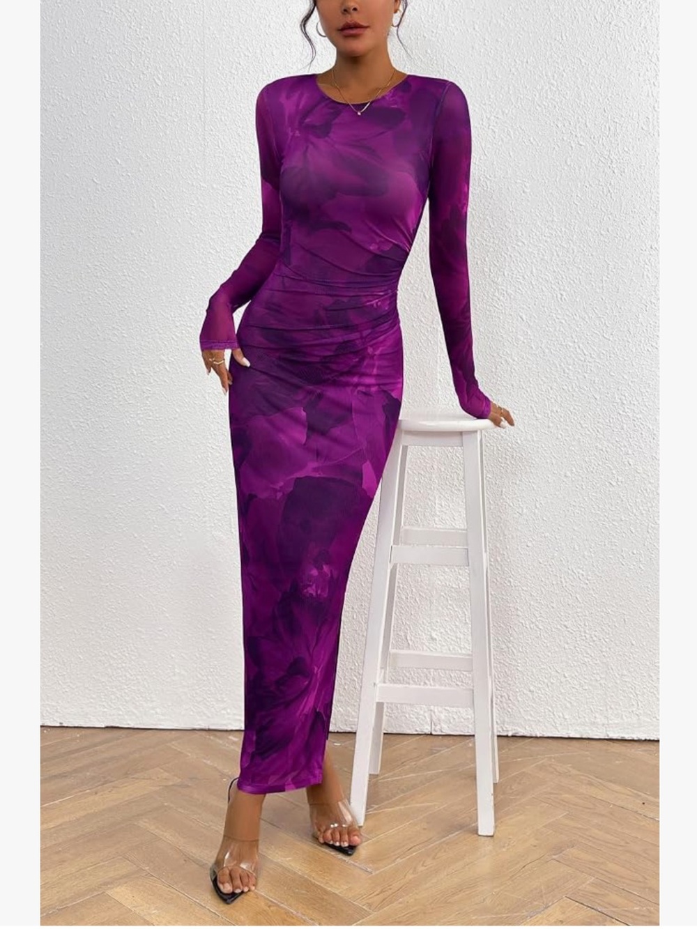 PRETTYGARDEN Sheer Mesh Long Sleeve Ruched Bodycon Maxi Dress - Picture 2 of 13